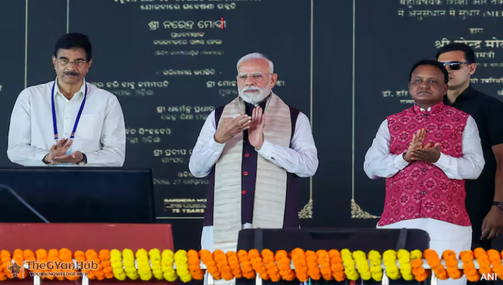 Prime Minister Modi addressing a public event during the launch of Odisha projects