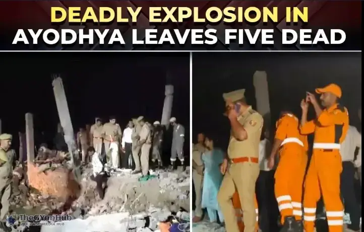 Emergency teams evacuating survivors after a fatal explosion in Ayodhya home
