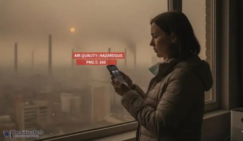 Man wearing mask while checking AQI on mobile phone