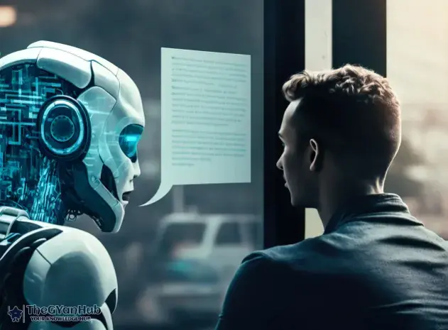 Futuristic AI robot analyzing data with neural patterns glowing on screen