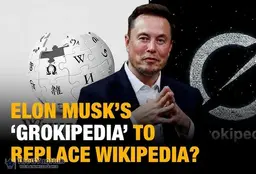 Elon Musk standing beside a digital display showing Grok AI and Wikipedia logos facing each other