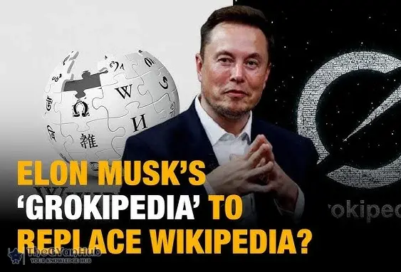 Elon Musk standing beside a digital display showing Grok AI and Wikipedia logos facing each other