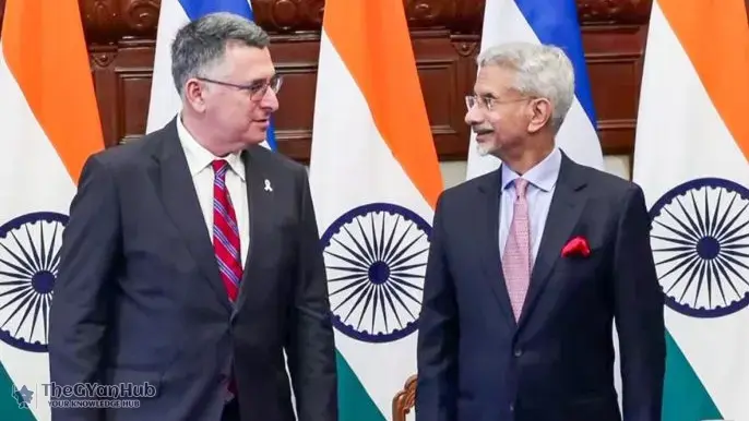 Indian and Israeli defense officials signing a bilateral agreement on advanced military technology