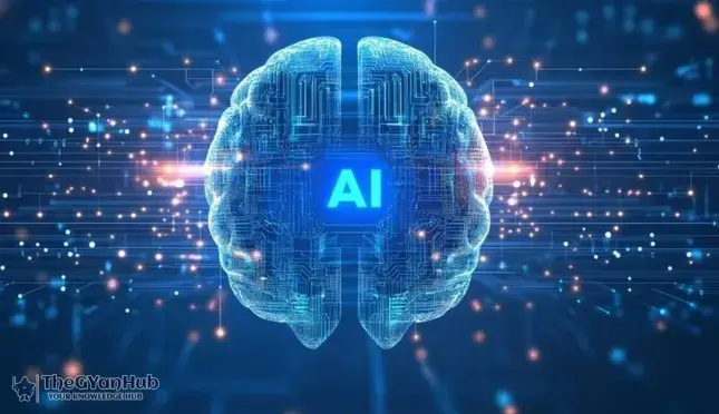 AI-powered chatbot assisting a customer in a futuristic tech support center in India