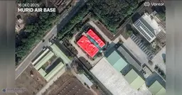 Red tarpaulin conceals structure damaged in Operation Sindoor