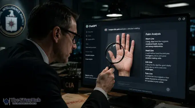 A humorous meme showing ChatGPT acting like a palm reader analyzing a hand. It jokes about fear of fingerprints being tracked by the CIA in a playful way